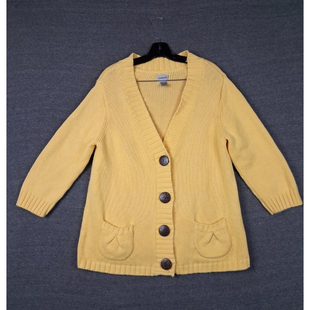 Chicos Womens Sweater Large 2 Butter Yellow Cardigan Cotton Fishermen Academia‎